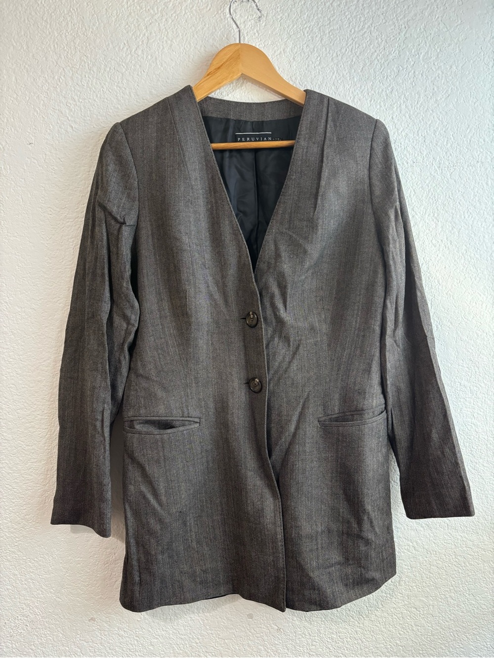 Peruvian Connection Collarless Charcoal Gray Blazer Wool Blend Size 8